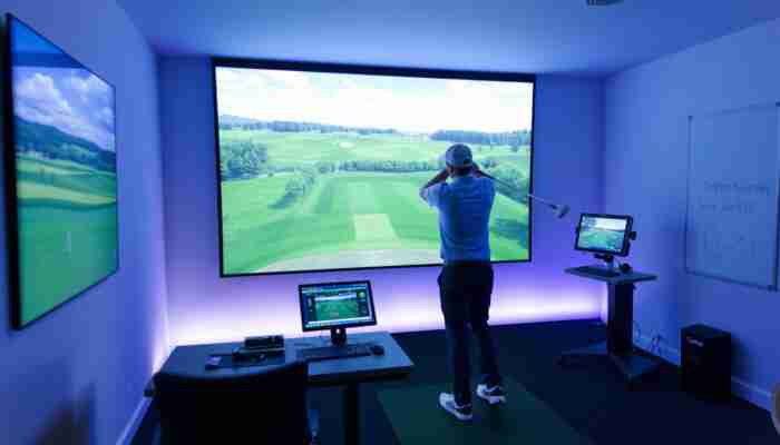 A modern indoor golf simulator with a high-definition screen showing a virtual golf course, a golfer swinging a club, swing analysis tools on a table, customizable lighting, and interactive gameplay elements.