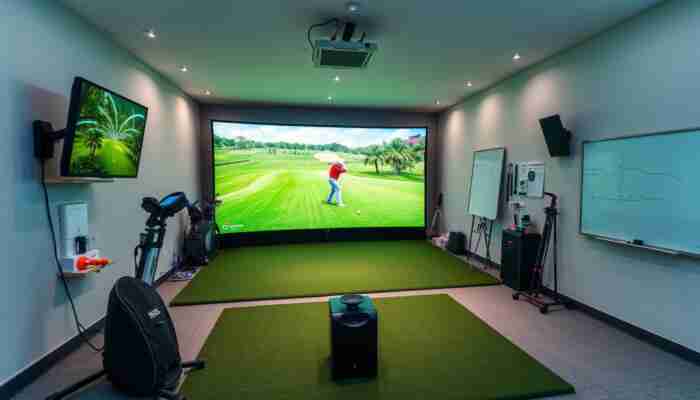 Modern indoor golf simulator setup with high-resolution screen, realistic graphics, swing analysis device, and compact design in a well-lit room with golf equipment.