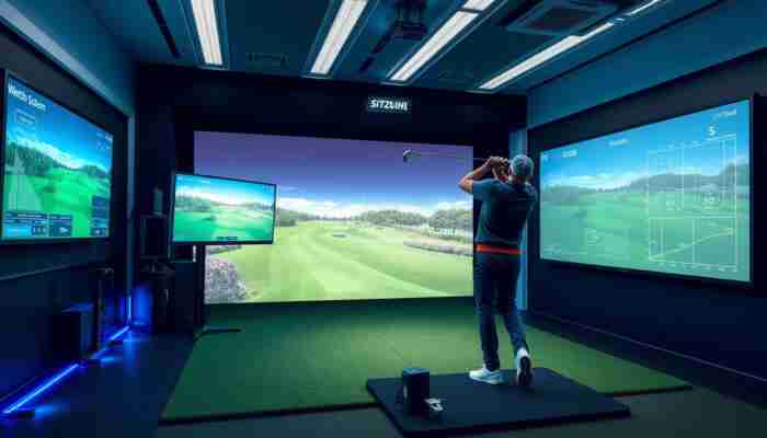 A golfer mid-swing in a high-tech indoor golf simulator, showcasing a virtual golf course on the screen and sensors capturing swing data in a modern environment.