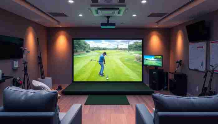 High-tech indoor golf simulator with a screen showing a virtual golf course, advanced sensors, realistic golf equipment, and ambient lighting.