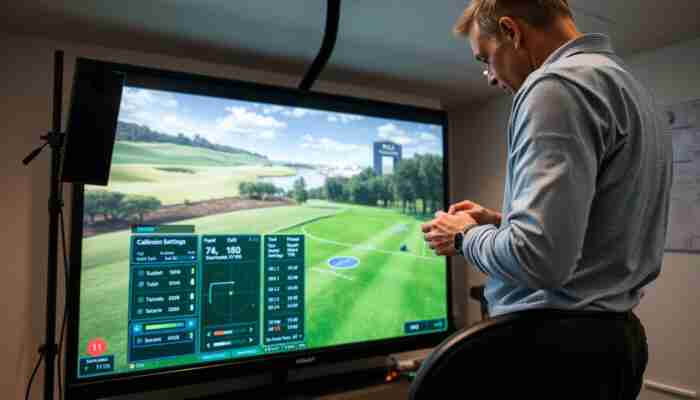 Close-up of a golf simulator setup with a high-tech screen displaying calibration settings, as a user inspects hardware connections in a modern, well-lit room.