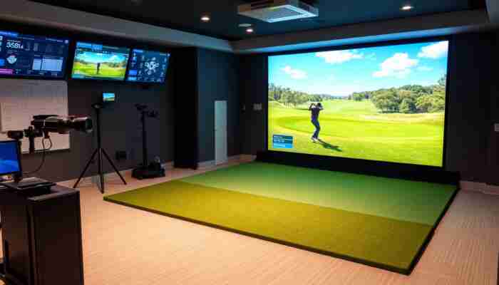 High-tech golf simulator setup with a large high-definition screen, advanced swing analysis equipment, high-speed cameras, and multi-surface hitting mats, creating an immersive golfing experience.