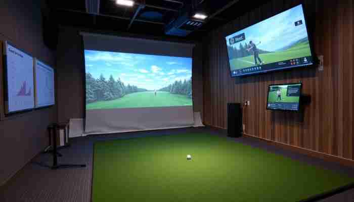 A well-organized golf simulator setup showcasing a high-quality hitting mat, advanced sensors for swing dynamics, optimal lighting for a camera, and a sleek software interface in a spacious indoor environment.