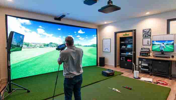 Professional installer setting up an indoor golf simulator in a modern home, featuring a high-tech screen and realistic turf, highlighting precision and customization.