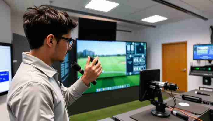 Technician calibrating sensors and software during an indoor golf simulator installation, showcasing precision and attention to detail in a modern, well-lit environment.