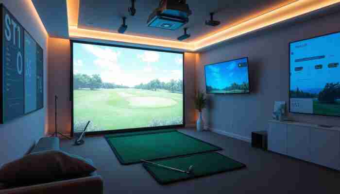 Cozy indoor golf simulator setup with a large projection screen showing a golf course, realistic hitting mat, and golf club, illuminated by soft ambient lighting.