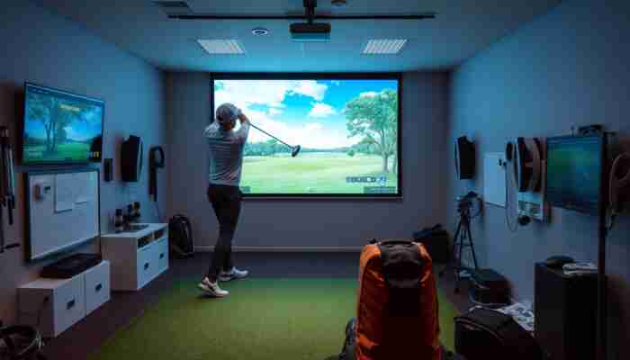 Indoor golf simulator with advanced sensors and a large projection screen showing a virtual golf course, featuring a golfer in mid-swing in a modern room filled with golf equipment.