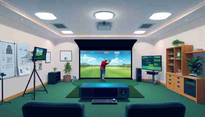 Home golf simulator setup in a residential indoor space