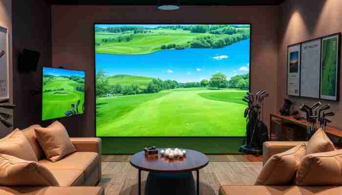 Premium indoor golf simulator room with screen and projector