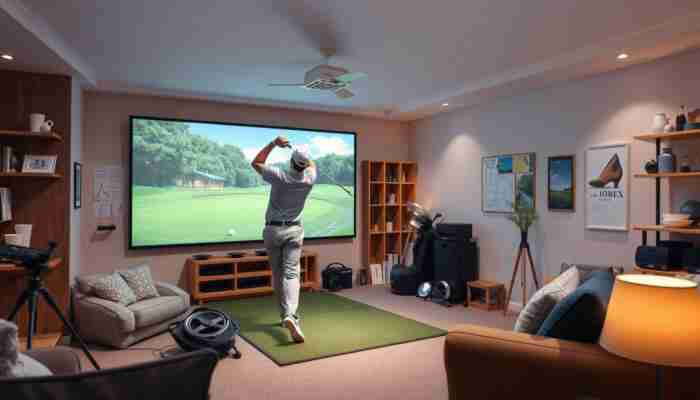 Indoor golf simulator package with projector and screen in a home setup
