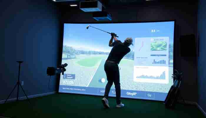 Indoor golf practice room with simulator screen and hitting area
