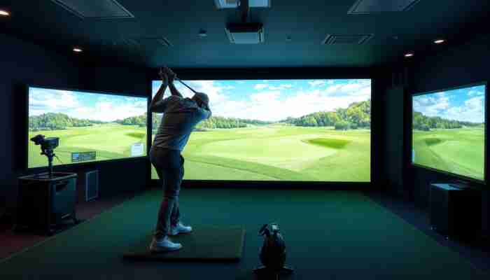 High-tech indoor golf simulator setup with a golfer mid-swing, realistic golf course backdrop, advanced sensors, and a large digital screen displaying a virtual landscape.