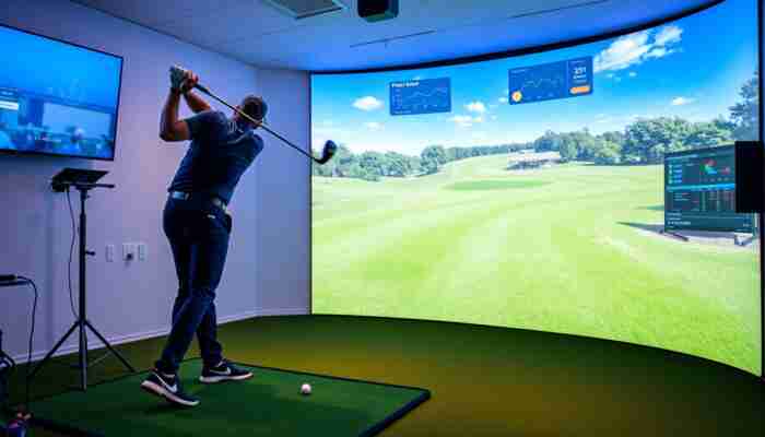 A golfer swinging in a high-tech indoor golf simulator, with motion sensors and a large screen showing a virtual golf course, highlighting advanced technology for swing analysis and performance feedback.