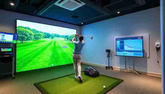 A golfer practicing their swing in a modern indoor golf simulator with a virtual course display and swing analysis data in a well-lit space.