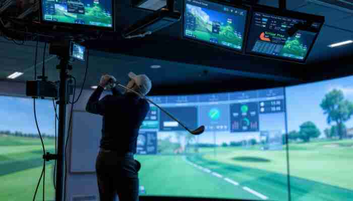 Golf simulator setup with cameras and sensors capturing a golfer's swing for detailed analysis