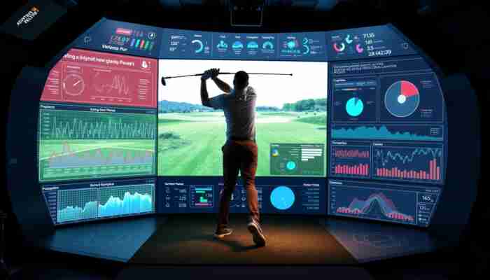 Golf simulator displaying swing graphs and charts to help improve technique