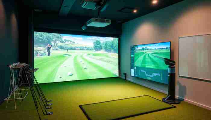 Indoor golf simulator setup with projector and impact screen for realistic virtual golf play