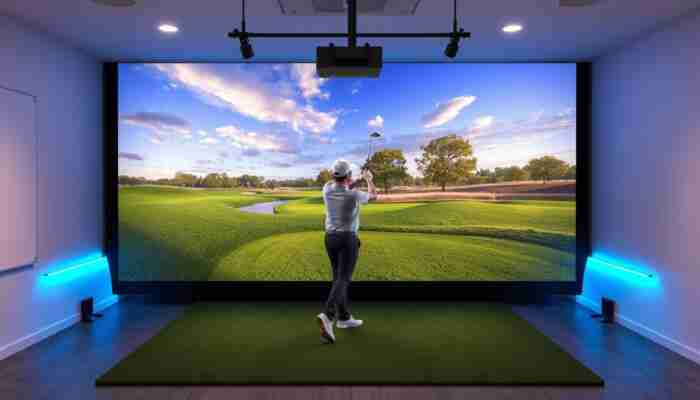 High-definition golf simulator projector displaying a virtual course for accurate indoor golf practice