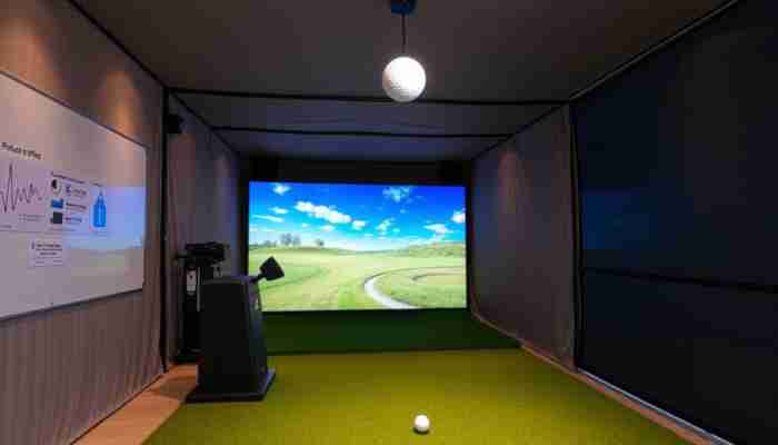 Modern home golf simulator enclosure with impact screen and reinforced frame