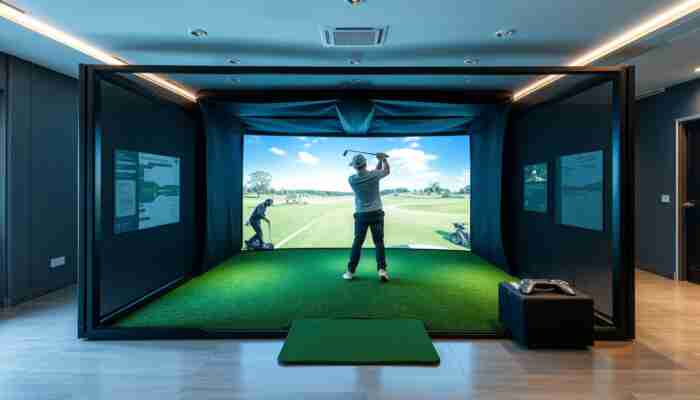 Home golf simulator enclosure with reinforced side protection and stable indoor frame