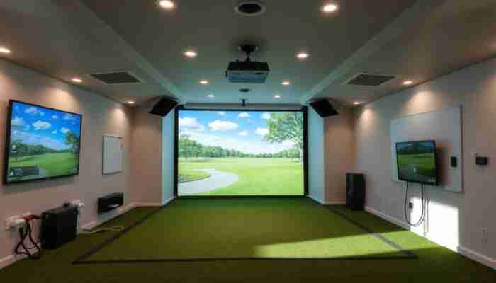 Complete indoor golf simulator enclosure setup with screen, lighting and home room layout