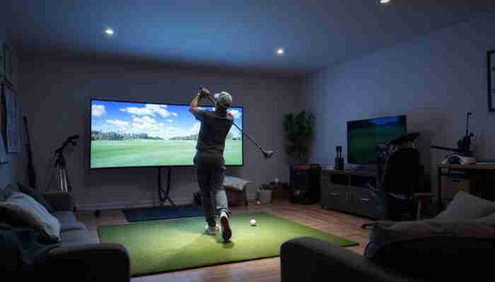 Golfer hitting into a home golf simulator impact screen during an indoor practice session