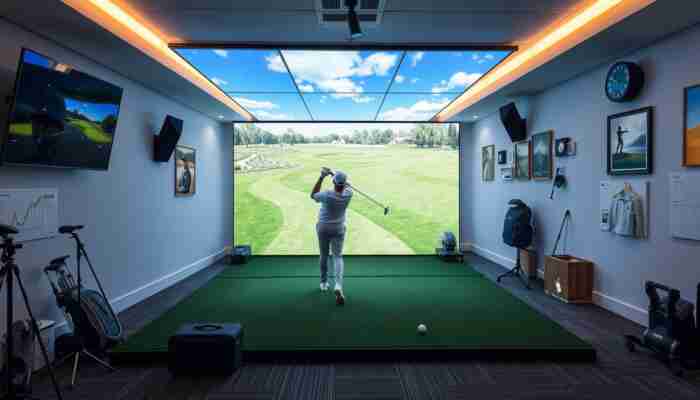 Indoor home golf simulator room showing a compact practice-friendly setup