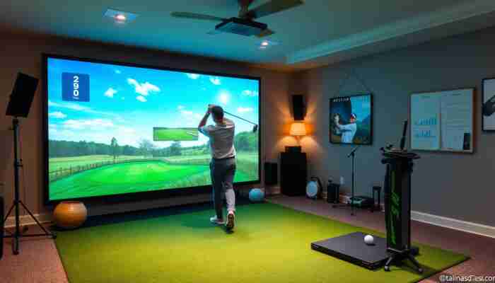 Golfer using a simplified indoor golf simulator setup in a stylish home environment