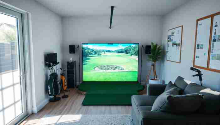 Compact home golf simulator setup in a living room designed for convenient indoor play