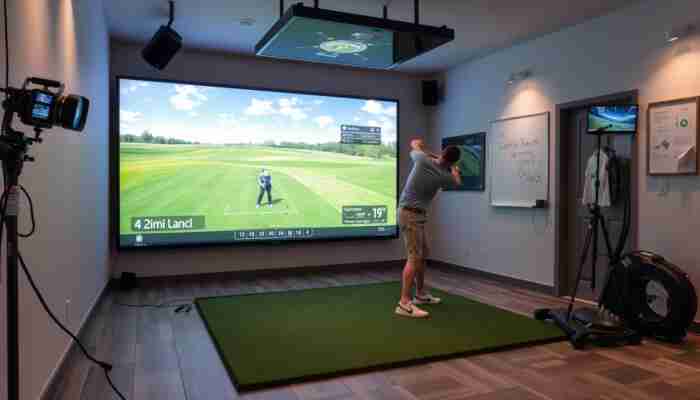 Home golf simulator package with launch monitor, projector, screen, software and hitting mat