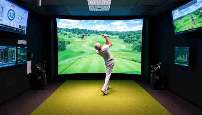Golfer using a premium home golf simulator package with full tracking and on-screen swing data