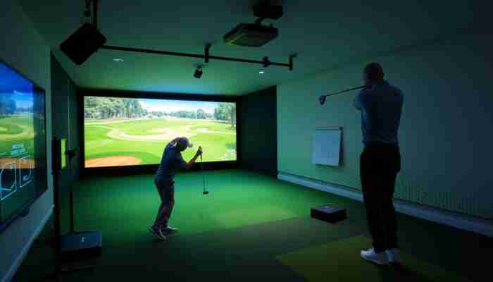 Complete home golf simulator package with screen, projector, launch monitor and hitting area in a finished room