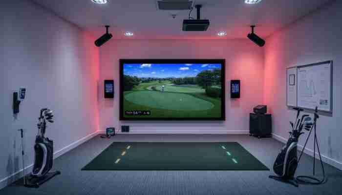Modern indoor golf simulator setup with large screen, sensors and immersive home practice environment