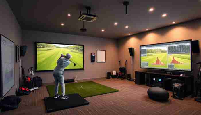 Golfer practicing in a home simulator room with realistic visuals and performance data on screen
