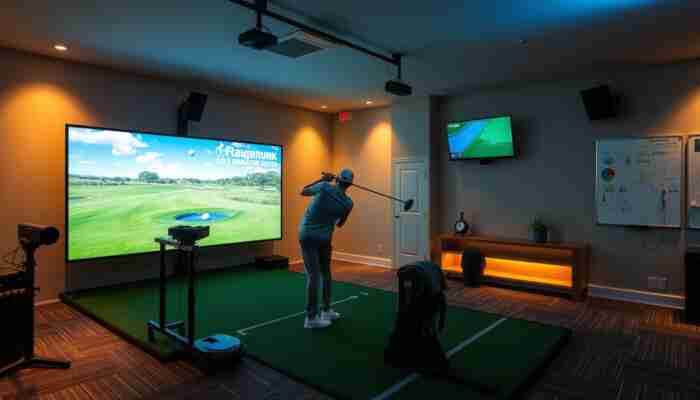 Finished indoor golf simulator room with projector, screen, sensors and golfer swinging at home