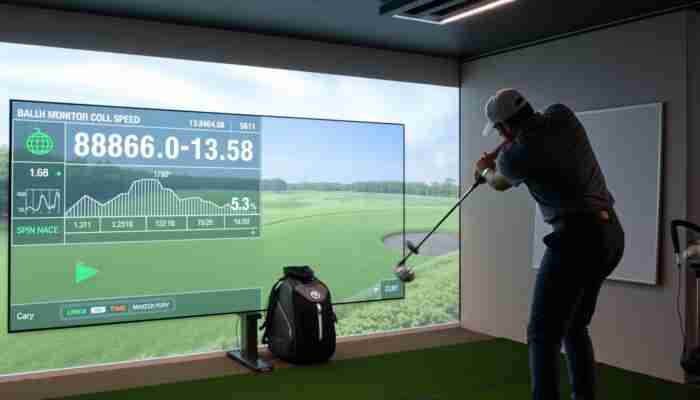 A golf launch monitor in an indoor simulator showing ball speed, club speed, launch angle, spin rate, and carry distance while a golfer practices.