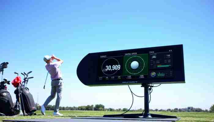 High-tech golf launch monitor on a driving range showing real-time data while a golfer swings.