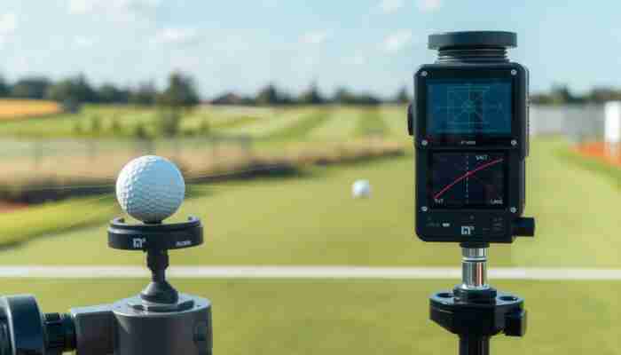 Close-up of launch monitor sensors measuring golf ball data and alignment in a training setup.