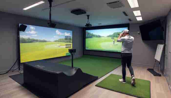 Modern indoor golf simulator with high-resolution screen, advanced sensors, and golfer swinging in a dedicated practice space