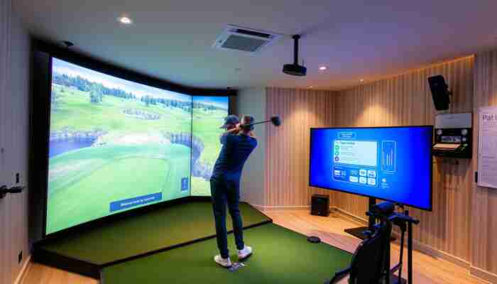 Golfer practicing in an indoor simulator with realistic virtual course visuals and performance feedback on screen