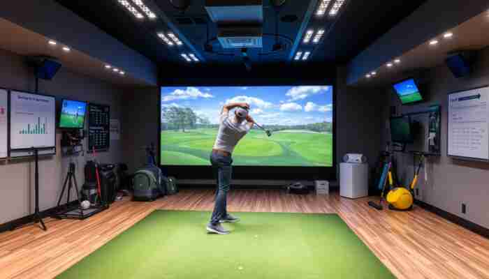 Advanced indoor golf simulator with sensors and golfer mid-swing in a well-lit home golf room