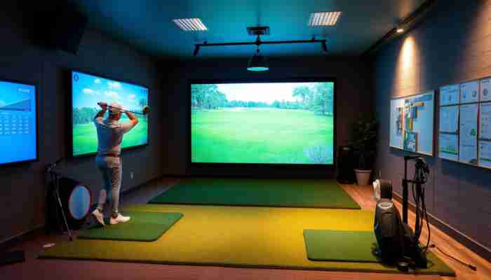 A golfer practicing their swing in a modern indoor golf simulator, with a large screen showing a virtual golf course and realistic decor.