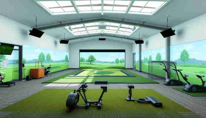 Efficient indoor golf facility layout showing practical bay spacing, durable finishes, lighting, and commercial-friendly space planning.