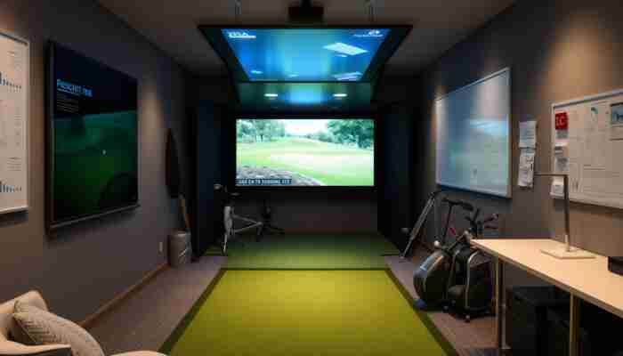 Compact golf simulator in a small room with high-tech motion sensors and a realistic practice setup