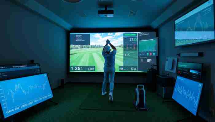 Golfer mid-swing in a realistic golf simulator setup with virtual course visuals in a confined home space