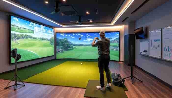 Golfer using a high-tech simulator in a modern indoor golf facility with screens showing famous courses and advanced swing analysis equipment.