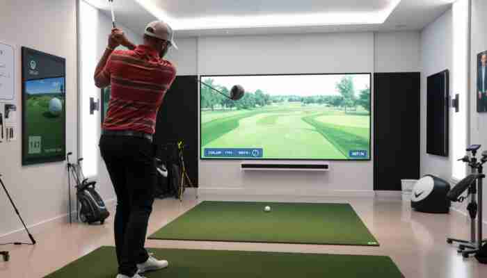 Golfer mid-swing in a modern indoor golf simulator with a virtual course displayed on a large screen, surrounded by golf equipment.