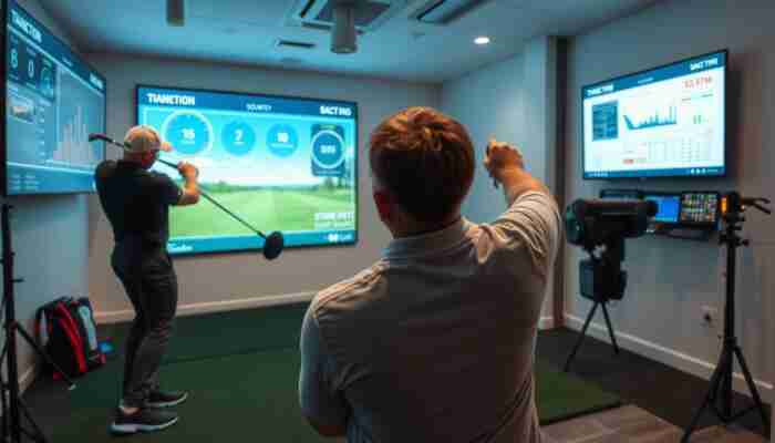 A golfer practicing indoors with advanced swing analyzers and a high-tech simulator, focusing on improving swing speed, accuracy, and consistency in a modern indoor golf setup.