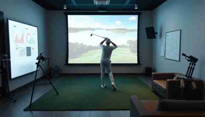 Modern indoor golf simulator setup with a golfer practicing in front of a large projection screen and premium simulator equipment