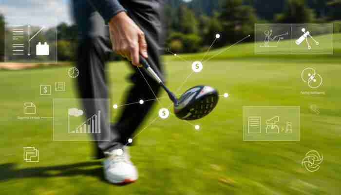 Golfer mid-swing with digital swing path and trajectory analysis overlays